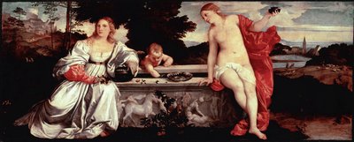 聖なる愛と俗なる愛 ティツィアーノ・ヴェチェッリオ（1490-1576）による絵画 ティツィアーノ（1490-1576）による絵画 1515年頃 Sun.118x279 cm ローマ、ボルゲーゼ美術館 - 聖なる愛と俗なる愛 - ティツィアーノ・ヴェチェッリオ、ティツィアーノと呼ばれる人物（1498-1576年頃）の絵画、油彩、カンヴァス、1515年頃（118x279 作： Tiziano Vecelli