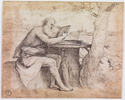 風景の中の聖ジェローム （紙にペン・インク） 作： Titian (c.1488 1576)
