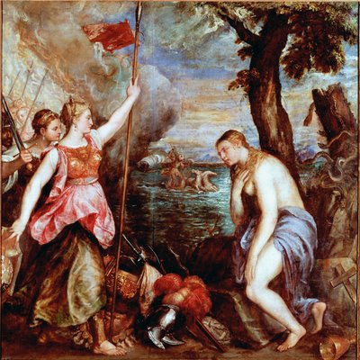 宗教を助けるスペイン：1571年のレパンテの海戦で、教皇ピウス5世の軍隊（スペインを含む）がオスマン帝国の艦隊に勝利したことを表す寓話。デヌディ（宗教）の女性が、スペインを代表する戦士に助けられる。絵画 作： Tiziano Vecelli
