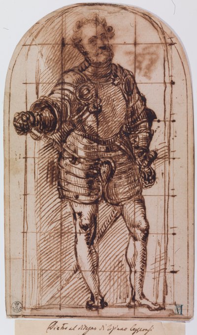 ウルビーノ公爵の肖像画のための習作（紙にペン・インク） 作： Titian (c.1488 1576)