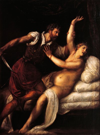 タルクィニウスとルクレティア、ティツィアーノ作（1490～1576年頃）、パネルに油彩、84x68cm 作： Titian (c.1488 1576)
