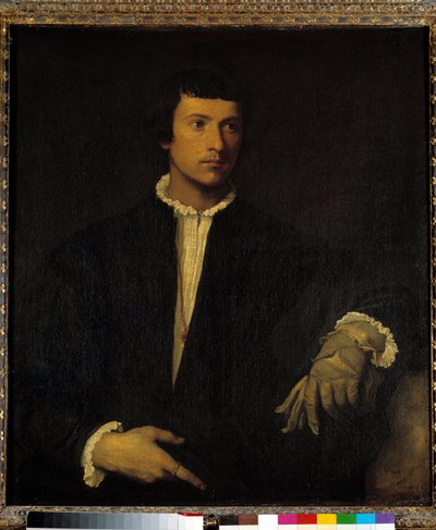 手袋を持つ男」1520年頃（油彩・キャンバス 作： Titian (c.1488 1576)