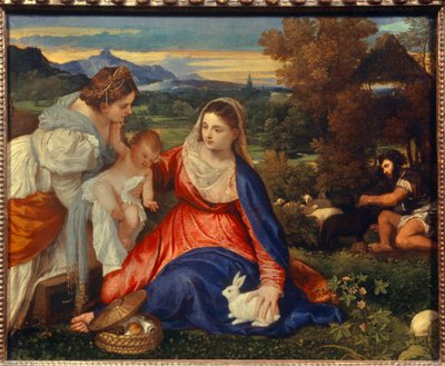聖カタリナを抱く聖母子」または「ウサギを抱く聖母」 ティツィアーノ・ヴェチェッリオ（1485-1576）の絵画 16世紀 日。0,71 x 0,87 m パリ, 作： Tiziano Vecelli