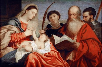 聖母子と聖人ステファノ、ジェローム、マウリッツ - ティツィアーノ（1488-1576）。木に油彩、1520年頃。サイズ：92.7x138 cmヴィエンヌ美術史博物館 作： Titian (c.1488 1576)