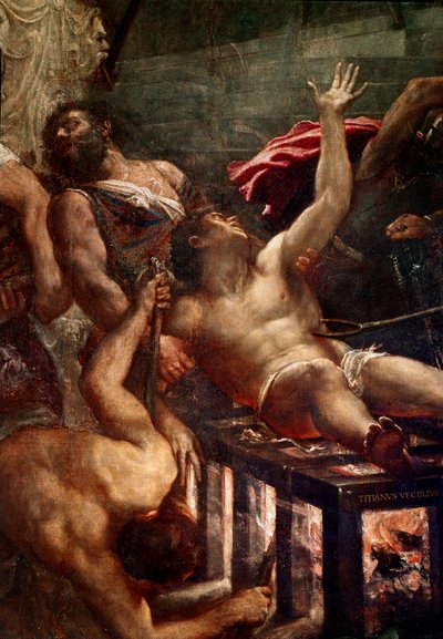 サン・ローランの殉教 258年にローマで行われた鉄板上のサン・ローランのサプリス。詳細。ティツィアーノ・ヴェチェッリオがティツィアーノ（1490年頃～1576年）と呼んでいた絵画 1548年～1559年 太陽。500x280 cm ヴェネツィア、イエズス会の教会 作： Titian (c.1488 1576)