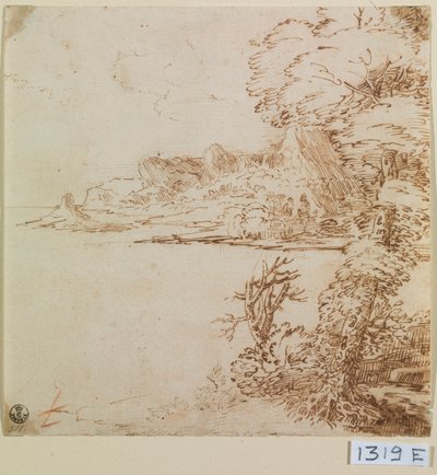 山間の海岸の眺め（紙にインク） 作： Titian (c.1488 1576)