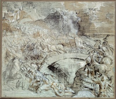 イタリアの戦争"The Battle of Cadore" 1508年頃、ピエーヴェ・ディ・カドーレの町がハプスブルク家のマクシミリアン1世の軍隊とヴェネツィアと同盟した戦い。ティツィアーノ・ヴェチェッリオ（1485-1576）による黒石と水洗いによるデッサン、ティツィアーノと呼ばれる。16日 作： Tiziano Vecelli