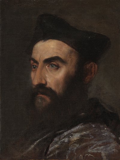 青いコートと黒い帽子をかぶった聖職者の胸像の長さの肖像画-断片 作： Tiziano Vecelli