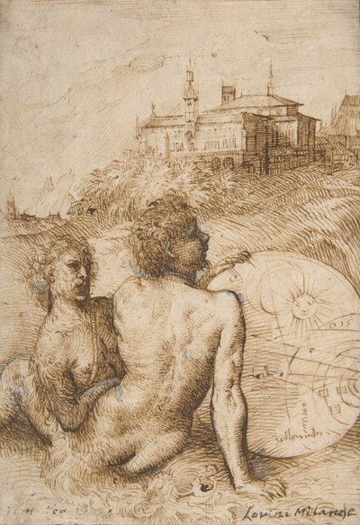 風景の中の二人のサテュロス 1505-10。 作： Titian