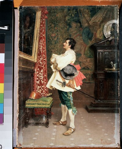 "Before a Portrait" (肖像画の前) 17 世紀の銃士の制服を着た男が、絵画を鑑賞している (彼自身の肖像画) ティト コンティ (1842-1924) の絵画 ミハイル クロシツキー美術館、セヴァストポリ (セヴァストポリ) ウクライナ 作： Tito Conti