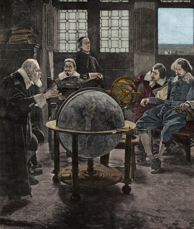 1640年、フィレンツェ近郊のアルチェトリにある異端審問の牢獄にガリレオ・ガリレイ（ガリレイ）を訪ねたジョン・ミルトン（1608-1674）。19世紀、T.Lessiの絵画からの彫刻。 作： Tito Lessi