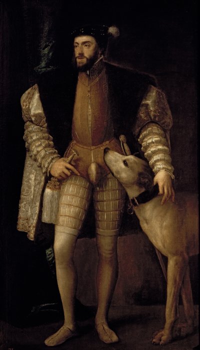 チャールズ5世（1500-58）神聖ローマ皇帝とスペイン王、犬と一緒に、1533年 作： Tiziano Vecelli