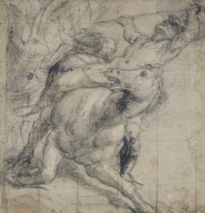 馬とライダーの落下c。 1537（灰色の紙に黒いチョーク） 作： Tiziano Vecelli