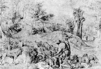 羊飼いと群れのいる風景、c1520、1937 作： Tiziano Vecelli