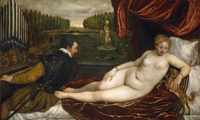 金星、オルガニストで小さな犬 作： Tiziano Vecelli