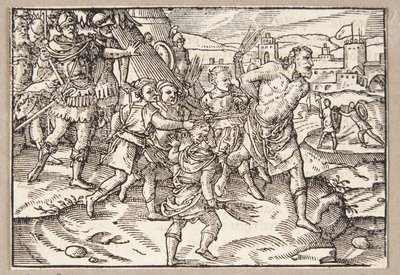 ファルスカンの若者たちは裏切り者の教師を鞭で打つ 作： Tobias Stimmer