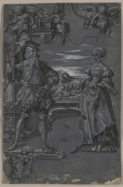 ガラス絵画のデザイン：建築環境における男性と女性、1500年代後半。 作： Tobias Stimmer