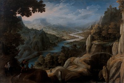 ヤコブとラバンの和解、その先の崖の上の城塞都市と広大な山河の風景 作： Tobias Verhaecht