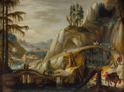 アルプスの風景の中の旅人（パネルに油彩） 作： Tobias Verhaecht