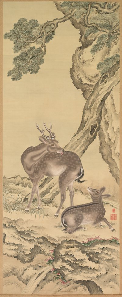 長寿のシンボル：桃と松（桃）の下の鹿（左） 作： Toda Tadanaka