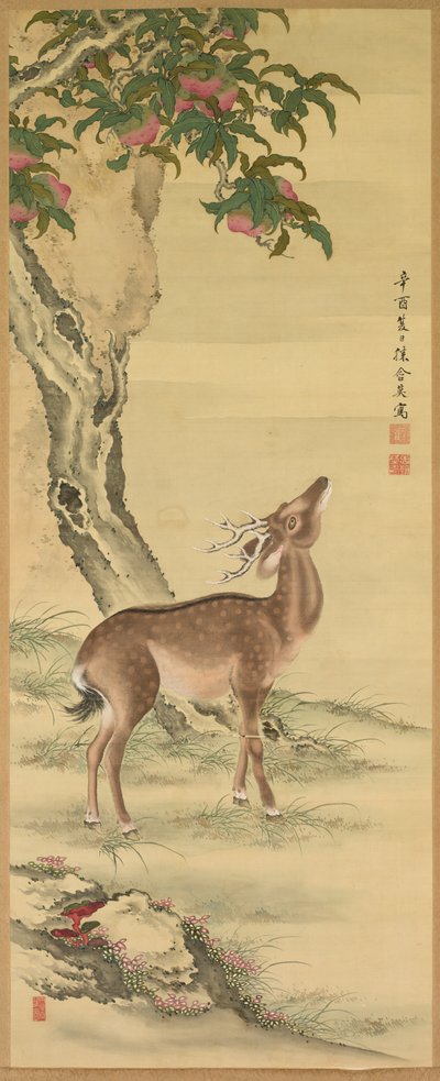 長寿の象徴：桃と松の下の鹿、1801年。 作： Toda Tadanaka