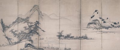 湖畔の橋の旅人（紙にインクとカラー、六面屏風） 作： Toetsu Toetsu