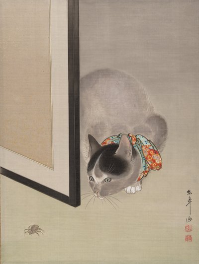 スパイダーを見ている猫、ca。 1888-92。 作： Toko Oide