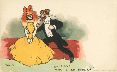 ロマンチックなカップルに扮した犬たち（カラーリトグラフ 作： Tom Browne