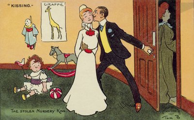彼の子供の乳母にキスをする男性 作： Tom Browne