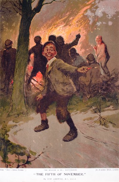 11月5日、篝火の夜に興奮する少年（カラーリトグラフ 作： Tom Browne