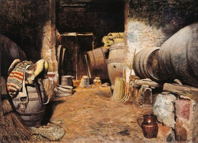 牢屋の中。干し草を入れた樽と馬の鞍がある納屋。トマス・モラガス・イ・トラス（1837-1906）の絵画、19世紀後半。キャンバスに油彩。バルセロナ、カタルーニャ国立美術館。 作： Tomas Moragas y Torras