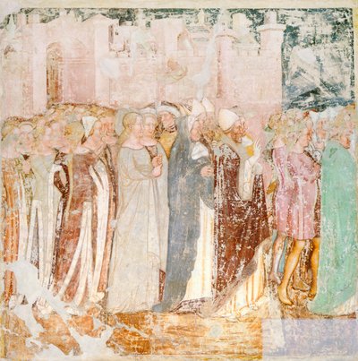 ローマからの出発」（トンマーゾ・ダ・モデナ（1326-1379）作「聖ウルスラの伝説」のフレスコ画、細部、トレヴィーゾのサンタ・カテリーナ教会蔵 作： Tomaso da (late 15th century) Modena