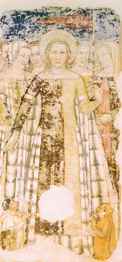 栄光に輝く聖ウルスラ、トンマーゾ・ダ・モデナ（1326-1379）作「聖ウルスラの物語」の詳細、トレヴィーゾのサンタ・カテリーナ教会のフレスコ画 作： Tomaso da (late 15th century) Modena