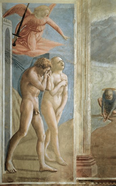 エデンの園からの追放（La cacciata）-アダムとイブがエデンの園から狩りをする- Tommaso di ser Giovanni di Mone Cassai dit Masaccio（1401-1428）のフレスコ画、208x88 cm。 作： Tommaso Masaccio