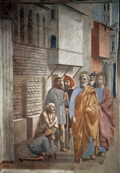 影で病人を癒す聖ペテロ - 聖ペテロの影が病人を癒す - Tommaso di ser Giovanni di Mone Cassai dit Masaccio (1401-1428) のフレスコ画、229,8x161,9 cm。 作： Tommaso Masaccio