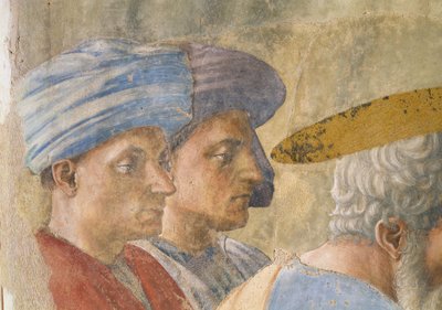 聖ピーターバプタイジングザネオファイト：2人のターバンオブザーバーの詳細、c.1427フレスコ画 作： Tommaso Masaccio