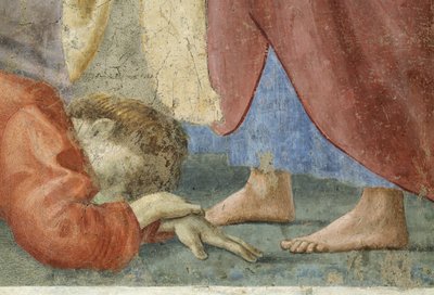 教会の共通の品物を配布している聖ペテロとアナニアの死、アナニアの詳細、聖ペテロの足元で死んだ、1427年のフレスコ画57194、63322、63323も参照 作： Tommaso Masaccio
