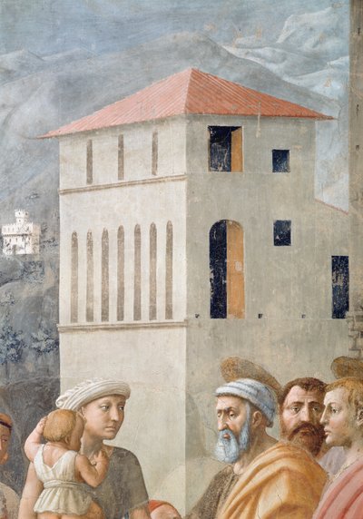 聖ペテロ教会の共通品を配布し、アナニアの死、背景建築の詳細、c.1427フレスコ画も参照57194、63321および63322 作： Tommaso Masaccio