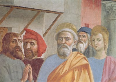 聖ペテロと彼の影の癒し：聖ペテロの詳細、1427年のフレスコ画 作： Tommaso Masaccio
