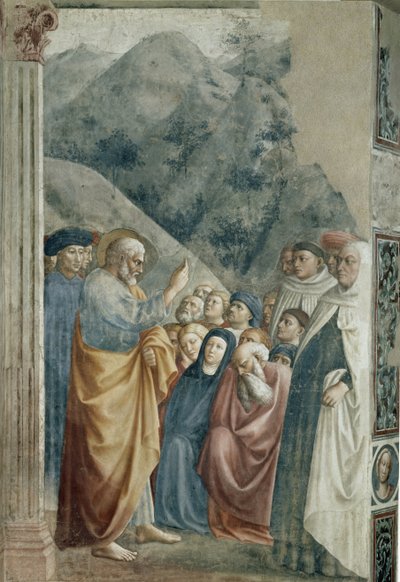 聖ペテロの説教 - Tommaso di Cristoforo Fini dit Masolino da Panicale（1383-1440年頃）によるフレスコ画、255x162cm、1425年頃。フィレンツェ、サンタ・マリア・デル・カルミネ教会、ブランカッチ・チャペル 作： Tommaso Masolino da Panicale