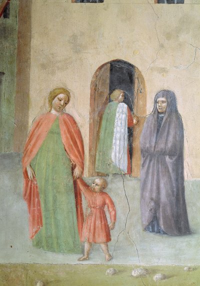 聖ペテロの不自由を癒し、タビサを育てる：遠い人物の詳細：修道女と母と子、c.1427フレスコ画 作： Tommaso Masolino da Panicale