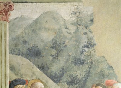 エルサレムでの聖ペテロの説教：丘陵の風景、c.1427 作： Tommaso Masolino da Panicale