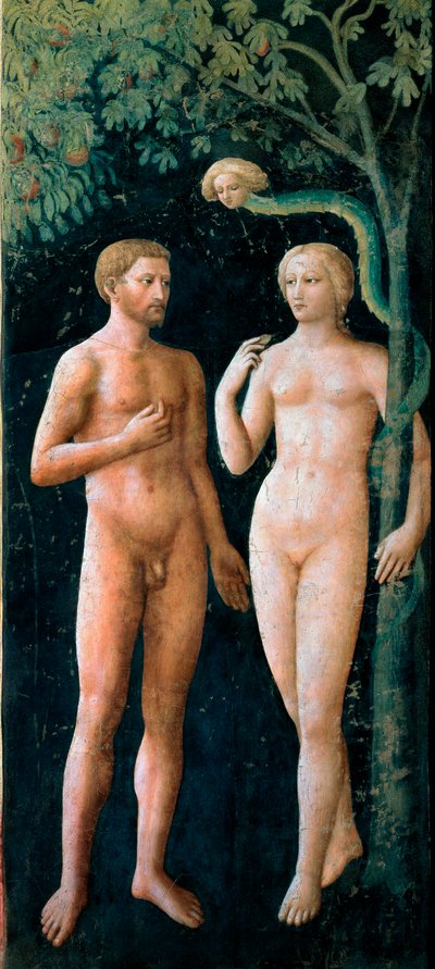 The Temptation of Adam and Eve Fresco by Tommaso di Cristofano Fini dit Masolino da Panicale (1383-1440) 1424-1425 Sun.208x88 cm フィレンツェ、サンタ・マリア・デル・カルミネ教会、ブランカッチ・チャペル 作： Tommaso Masolino da Panicale
