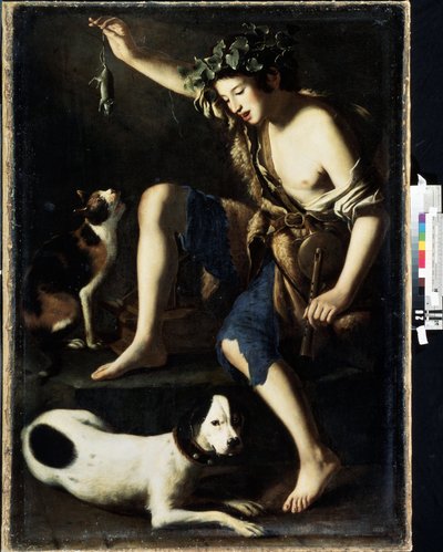 猫と遊ぶ若い羊飼い (猫と遊ぶ若い羊飼い)。 Tommaso Salini (1575-1625 年頃) による絵画。 木に油彩 作： Tommaso Salini