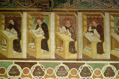 チャプターハウス、1342年に「ドミニコ会の40の輝かしいメンバー」のサイクルから、彼らの机で4つのドミニカ修道士 作： Tommaso da Modena
