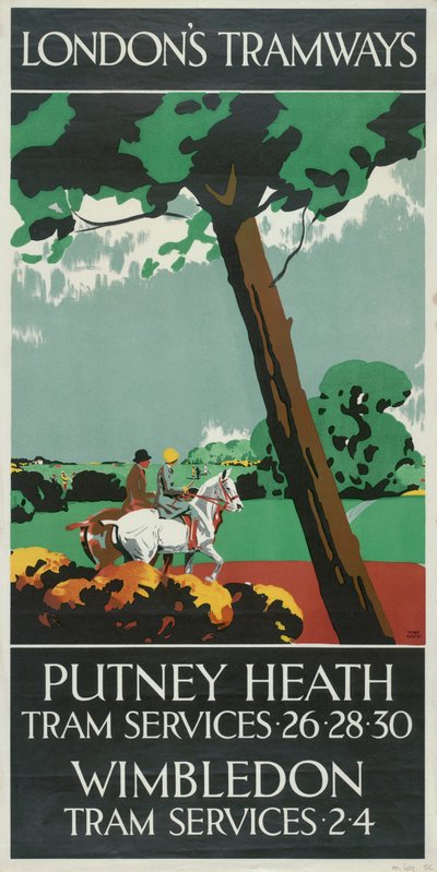 「パトニー ヒース、ウィンブルドン」、ロンドン カウンティ カウンシル LCC トラムウェイのポスター、1927 年 作： Tony Castle