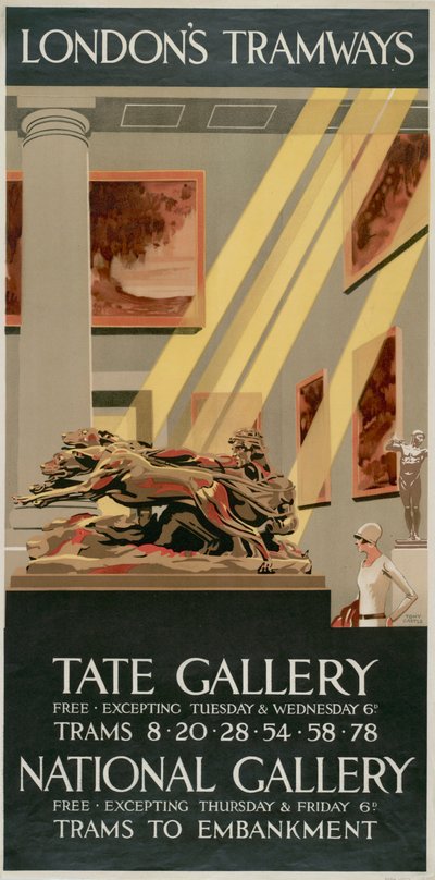 「テート ギャラリー、ナショナル ギャラリー」、ロンドン カウンティ カウンシル LCC トラムウェイのポスター、1927 年 作： Tony Castle