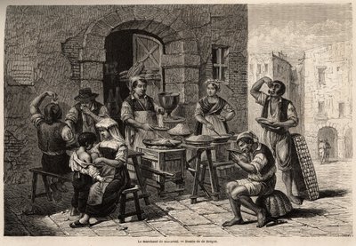 ベルグがナポリとナポリ人を説明するために描いたマカロニ商人、1861年、マルク・モニエ（1829-1885）が描いたもの。Le tour du monde" 1861年に掲載されたエングレーヴィング。セルバのコレクション。 作： Tony Francois de Bergue