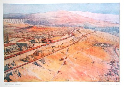 「ラ シテ インダストリエル」のトニー ガルニエ (1869-1948) によって設計された、谷を見下ろすテラス 作： Tony Garnier