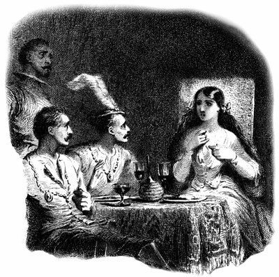 ワイングラスの前に立つ若い女性と3人の男性。-トニー・ヨハノ（Antoine Johannot, dit）によるエングレーヴィング（銅版画）のディテール。 作： Tony Johannot